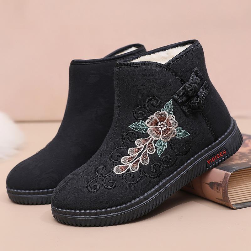 Winter Plus Velvet Warm Old Beijing Cloth Shoes Women's Vintage Ethnic Style Non-slip Soft-soled Embroidered Short Cotton Boots