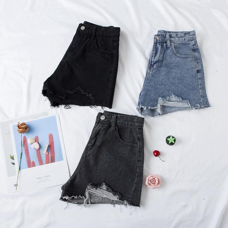 Pants Fashion Versatile Broken Holes Female Black Gray High-waisted Loose Thin A-line Wide-legged Pants Raw Edge Summer Denim Shorts Individuality