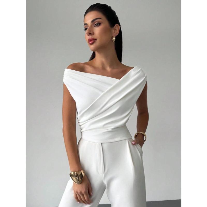 Camiseta sin mangas de color sólido para mujer, estilo simple, hombro caído, corte ajustado, top corto sin mangas