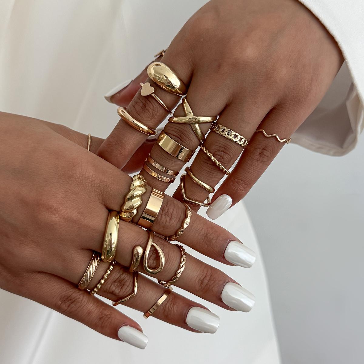 

SHIXIN 24Pcs/Set Trendy Irregular Geometry Open Ring for Women Punk Metal Gold Color Stackable Adjustable Ring Set Party Jewelry