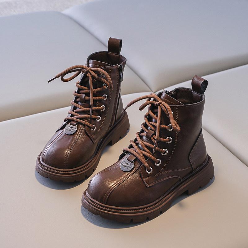 Girls Martin boots new autumn and winter princess leather boots velvet short boots medium and older children two cotton single boots British style
