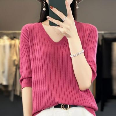 Short-sleeved Knitted Bottoming Shirt Women's V-neck Pullover Half-sleeved Thin Sweater Simple Solid Color Sweater Half-sleeved Top T-shirt