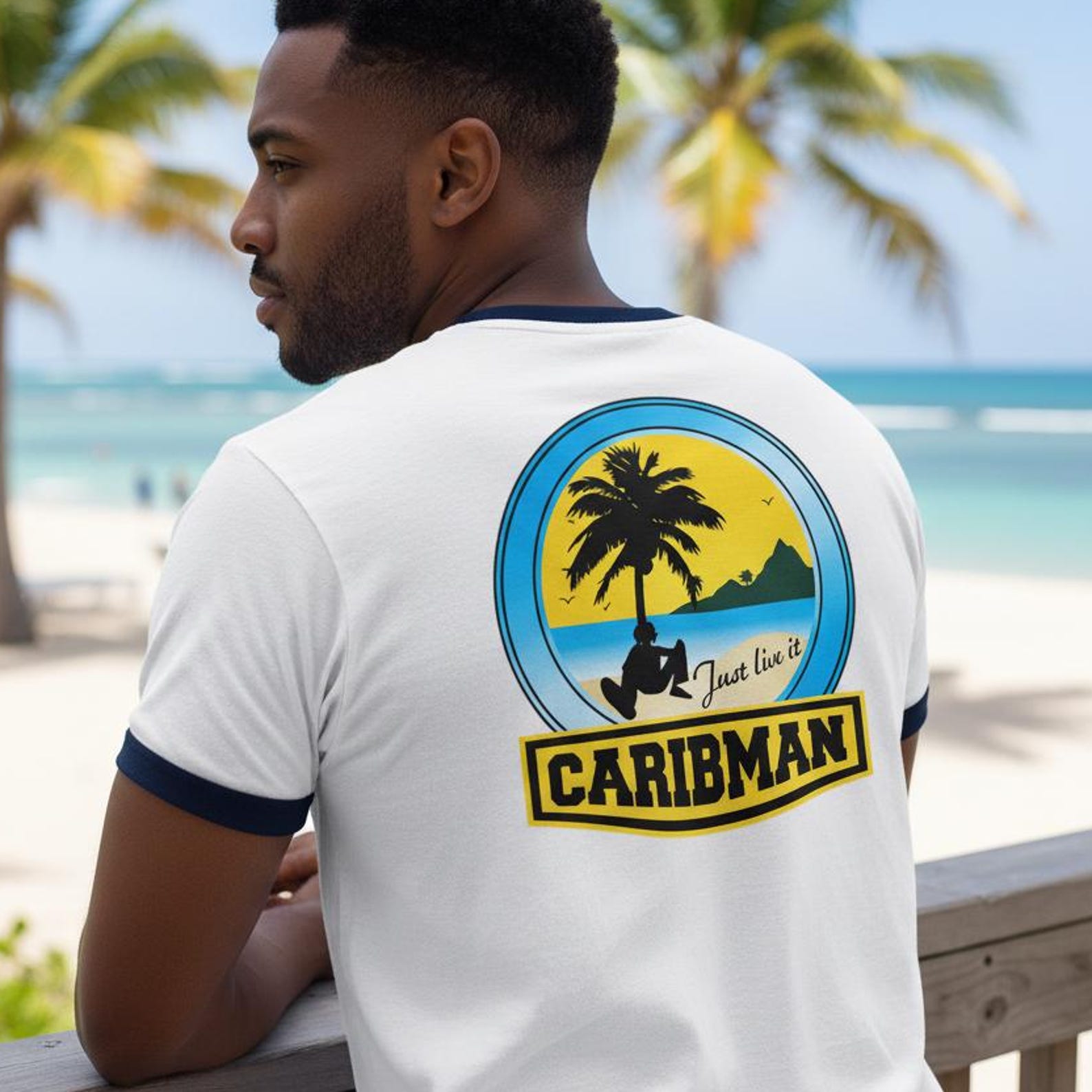 Just Livin Caribman Ringer Tee | Tropical Palm Beach Sunset M