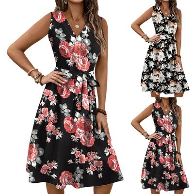Damen Frühling und Sommer Casual V-Ausschnitt Ärmellose Taille Blumendruck Midikleid