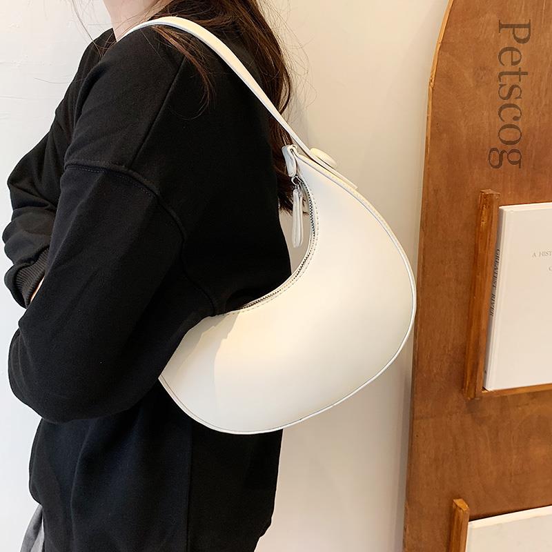 Fashion White Shoulder Bags For Women Pu Leather Solid Color Half Moon Bag Shoulder Bag Designer Lady Handbags Women Forearm Bags
