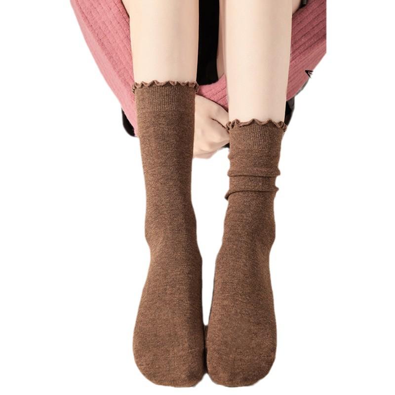 Women's Medium-Length Coffee-Colored Socks: Simple, Pure Color with Wood Ear Lace, Loose Fit, Perfect for Spring, Autumn, and Winter.