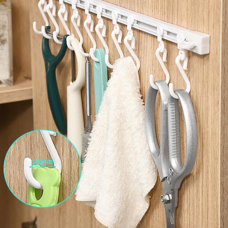 Houseeker Strong Self-adhesive Track Row with 10 Hooks Can Slide S-shaped Holder Non Punching Kitchen Bathroom Storage Rack