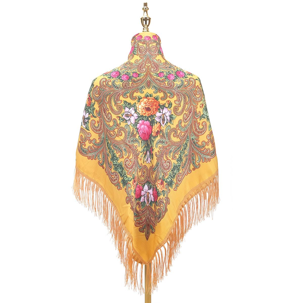 Russian Retro Floral Tassel Square Scarf, Ethnic Print, 135cm Large Shawl 135*135 with Tassels жёлтый