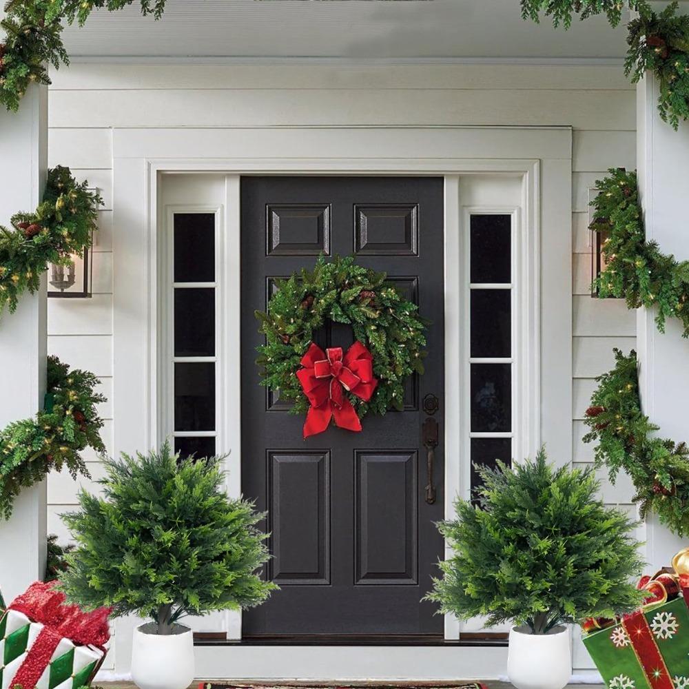 Faux Boxwood Ball Trees with Ground Spike UV Resistant Artificial Shrub for Outdoor Garden Patio Balcony and Indoor Settings