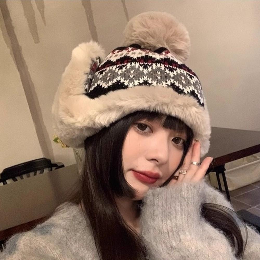 New Pompom Warm Hat Warm Windproof Pullover Cap Coldproof Beanie Hat for Outdoor Cycling Skiing