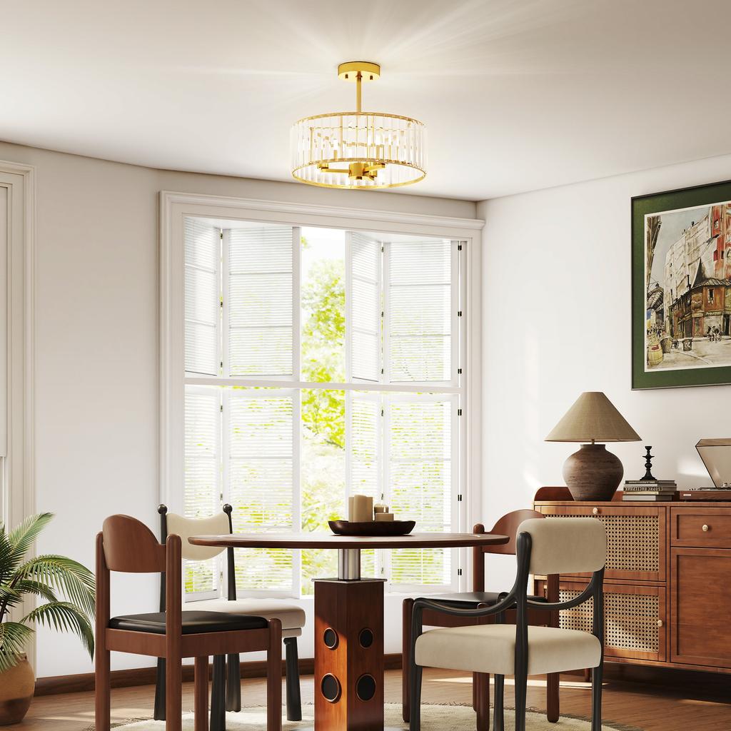 Ceiling Lamp, Chandelier Design, Crystal Shade, 3 Light Bulbs, Metal, Gold-Colored