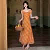 French Romantic Atmosphere Super White Orange Plaid Suspender Dress Women's Summer New Waist and Thin Medium and Long Dress