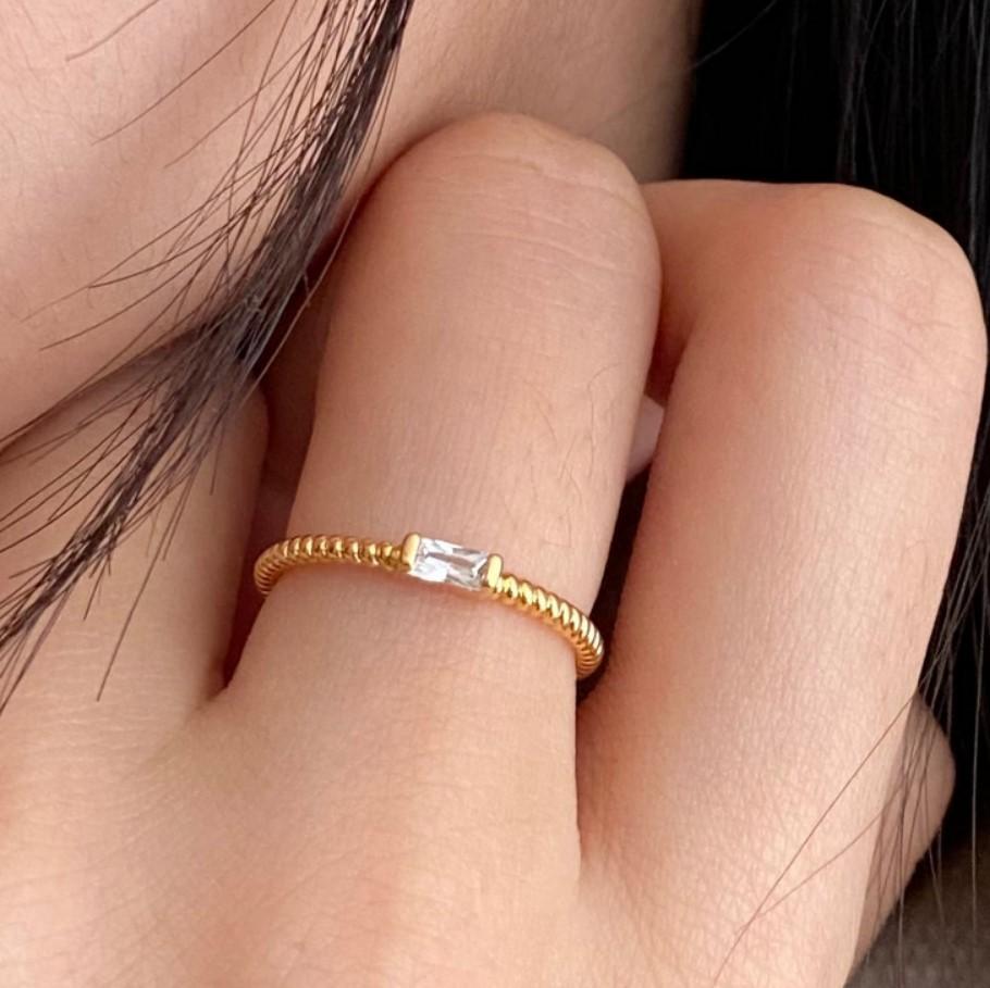 VIANRLA Gold Stacking Rings 925 Sterling Silver clear Cubic Zirconia baguette Thin Rings for Women