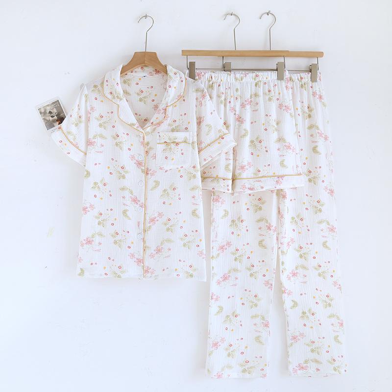 Ensemble Pyjama Femme Nouveau Printemps/Été 2026 100% Crêpe de Coton Manches Courtes+Shorts+Pantalons 3 Pièces Cardigan Fin Vêtements d'Intérieur Dames