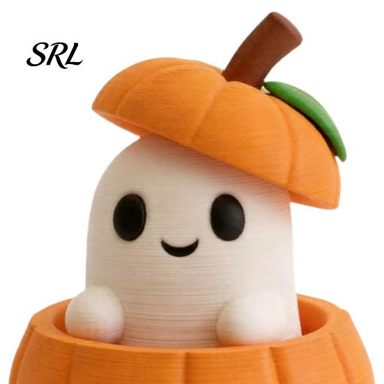 Small Ghost Ornament 3D Printed Pumpkin with Removable Figurine, Creative Halloween Desktop Office Desk Decoration, Cute Statue for Home Tabletop