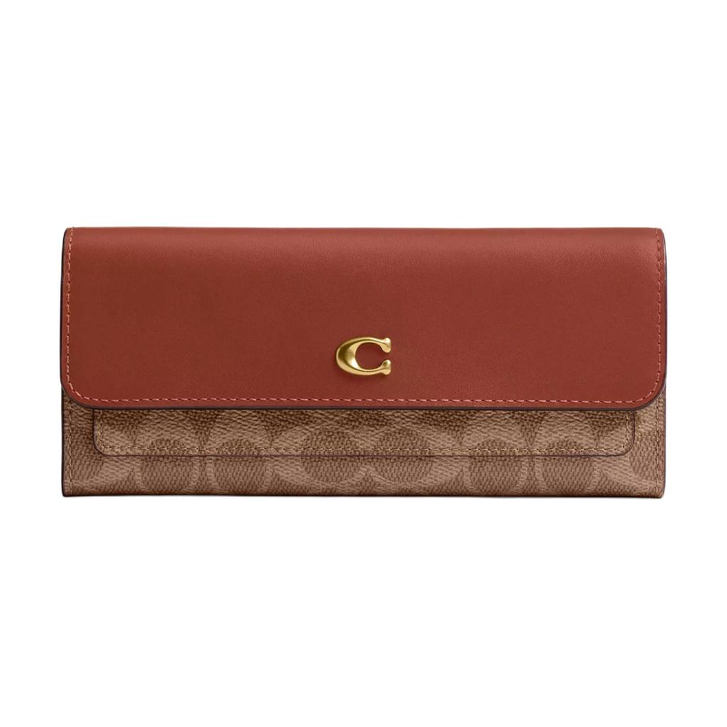 New COACH Coated Canvas With Calfskin Wallet Trumpets Women's Brass & Caramel CAT55-B4XHG