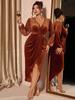2025 Winter Velvet V-Neck Plus Size Slim Fit Slit Dress for Women