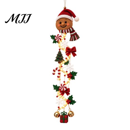 Warm Glowing Christmas Wall Decorations Door Hanger, Quilted Fabric Santa Snowman Tree Gingerbread Hanging Outdoor Porch Decoration for Holidays Light