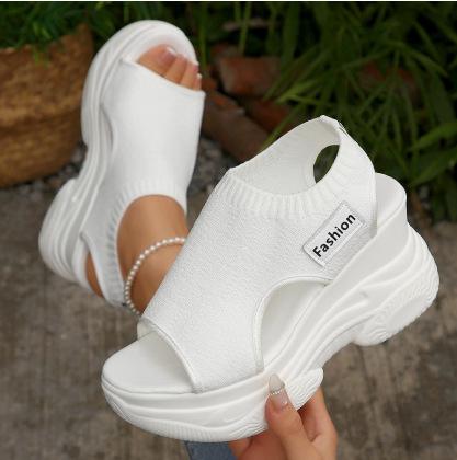 Women's New Summer Knitted Fish Mouth Shoes with Fairy Style Sponge Sole, High Heels with Flying Weave Slope Heel, Thick Sole Sports Women's Sandals