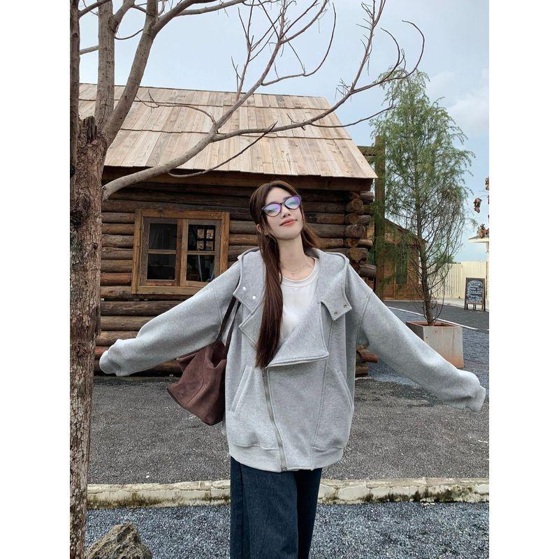 Kumikumi Idle Style Gray Elegant Chic Hooded Long Sleeve Sweater Women Fall Loose Versatile Casual Top