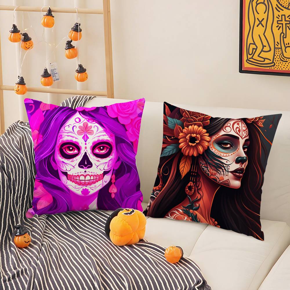 Halloween Sugar Skull Girl Pillow Case Short Plush Double-Sided Print Square Throw Pillow Covers Sofa Home Cushion Decor