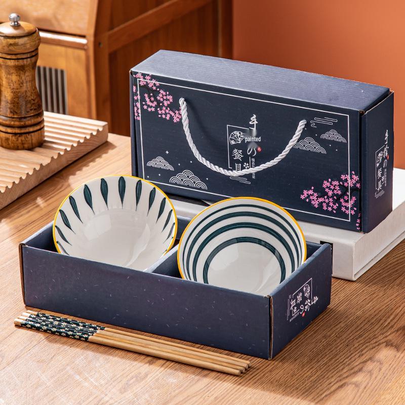 Retro Vintage Ceramic Dinnerware Set: Bowls, Plates, Dishes, Chopsticks in Gift Box - Sophisticated Small Souvenir.