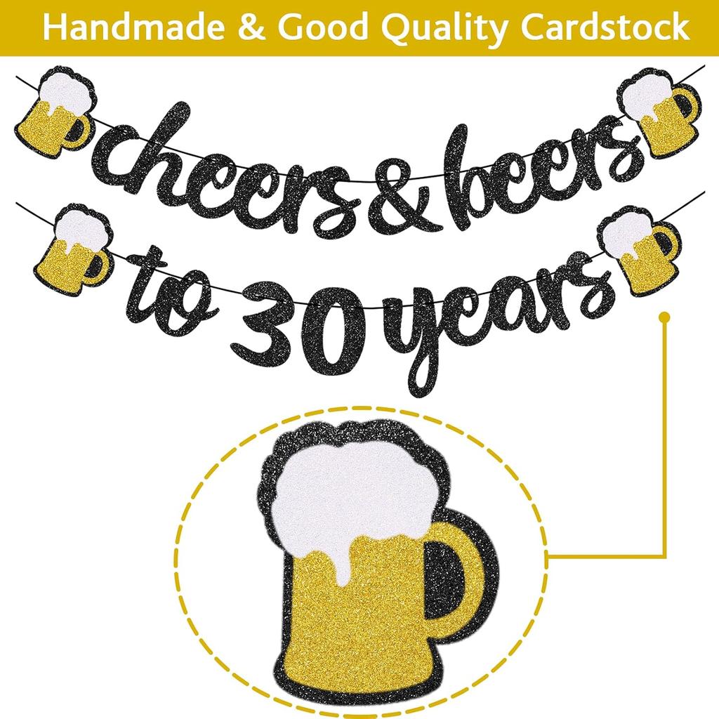30th Birthday Decorations - Cheers and Beers to 30 Years Banner, Happy 30th Birthday Banner Sign Pre-Strung, Anniversary Party Supplies (Black Gold)