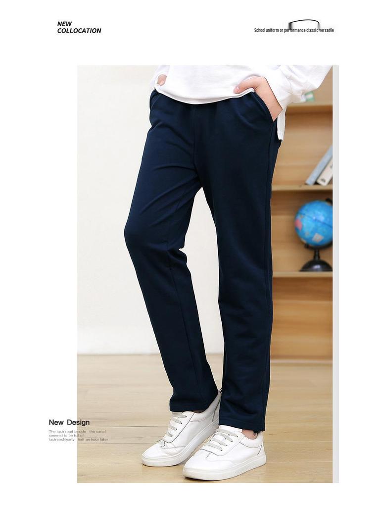 Calças Esportivas Retas com Forro de Fleece Azul Escuro para Meninas do Ensino Fundamental - Uniforme Escolar Primavera/Outono