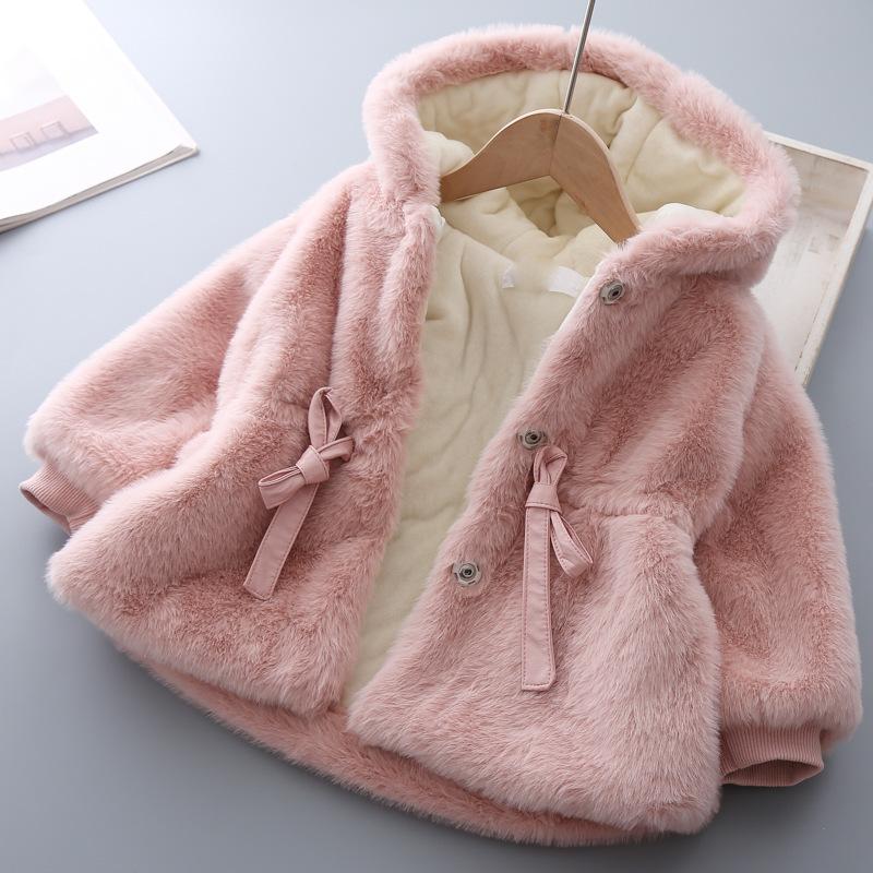 

Winter Girls Coat Warm Fur Padded Thickened Long Sleeve Hooded Coats Baby Kids Children Jacket Plush Outerwear 80cm
