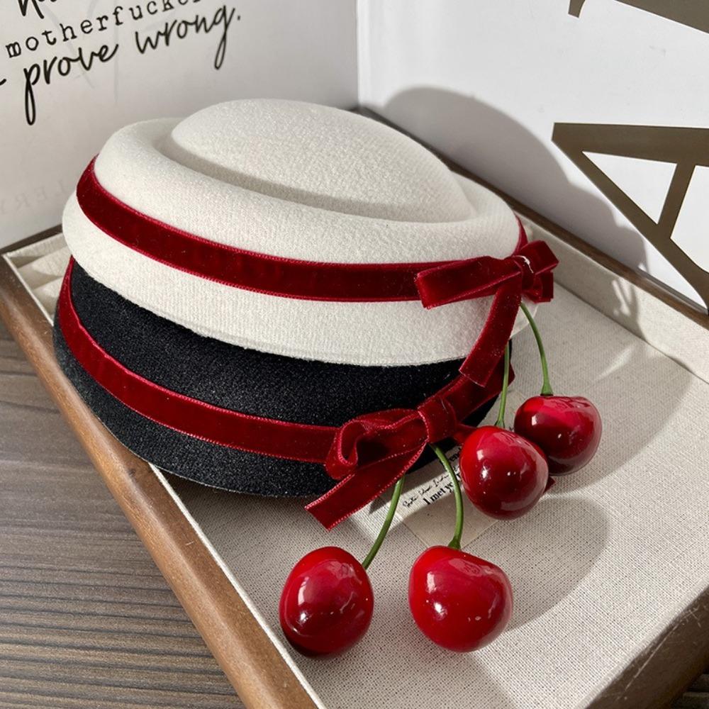 French Style Round Hat Hair Clip Velvet Bow Women Hairpin Exquisite Cherry Hat Hairpin Party