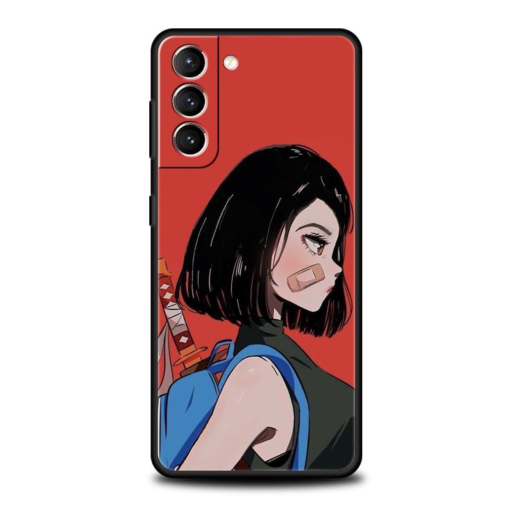 Carcasă de telefon tip fată anime în stil japonez pentru Samsung Galaxy S23 Ultra S22 S21 S20 FE 5G S10 S10E S9 S8 Plus Note 20, moale, neagră