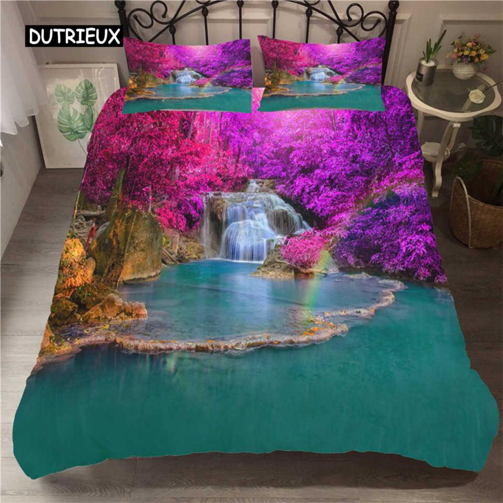 Sada povlaků na přikrývku Vodopád Přírodní scenérie Povlak na přikrývku Povlak na polštář Krajina Les Vodopád Queen Size Polyester Povlečení