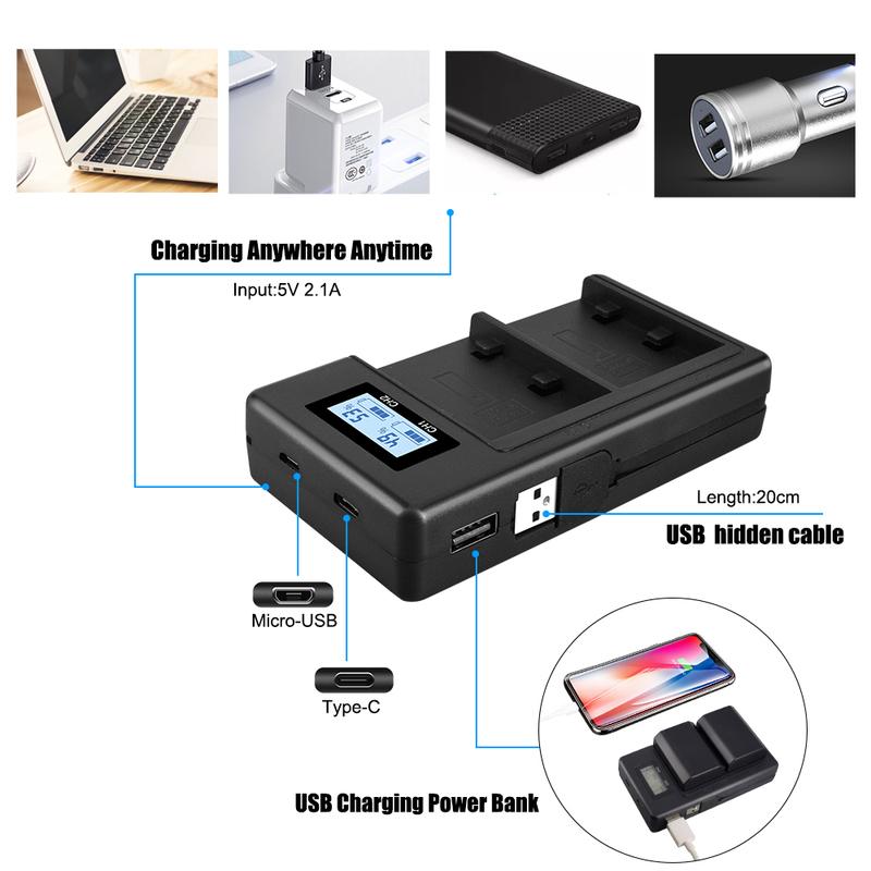 2 Slots Camera Battery Charger LCD Display Battery Charger for Sony NP-FZ100 NP-FW50 NP-FV100 NP-F960 NP-F970 Camera Batteries