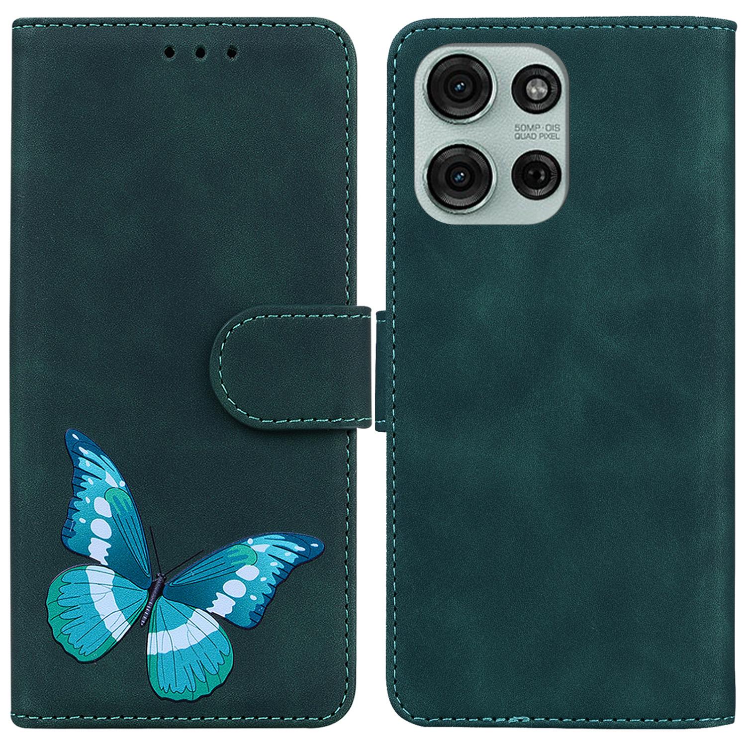 

For Motorola Moto G75 5G Stand Case PU Leather Phone Cover Butterfly Printed Green