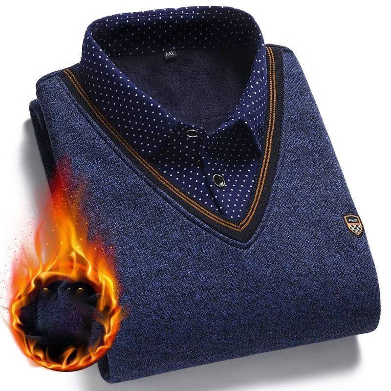 Winter Autumn Men's Plush Sweater Collar Fleece Thick Warm Top Fake Two Piece Pullover Polo Shirt Clothes Casual Jumpers