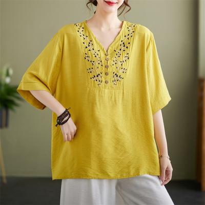 Yaz Sanatı Retro Etnik Stil Nakış Bol Rahat Büyük Beden Kırsal V Yaka Üst Tişört Kadınlar İçin