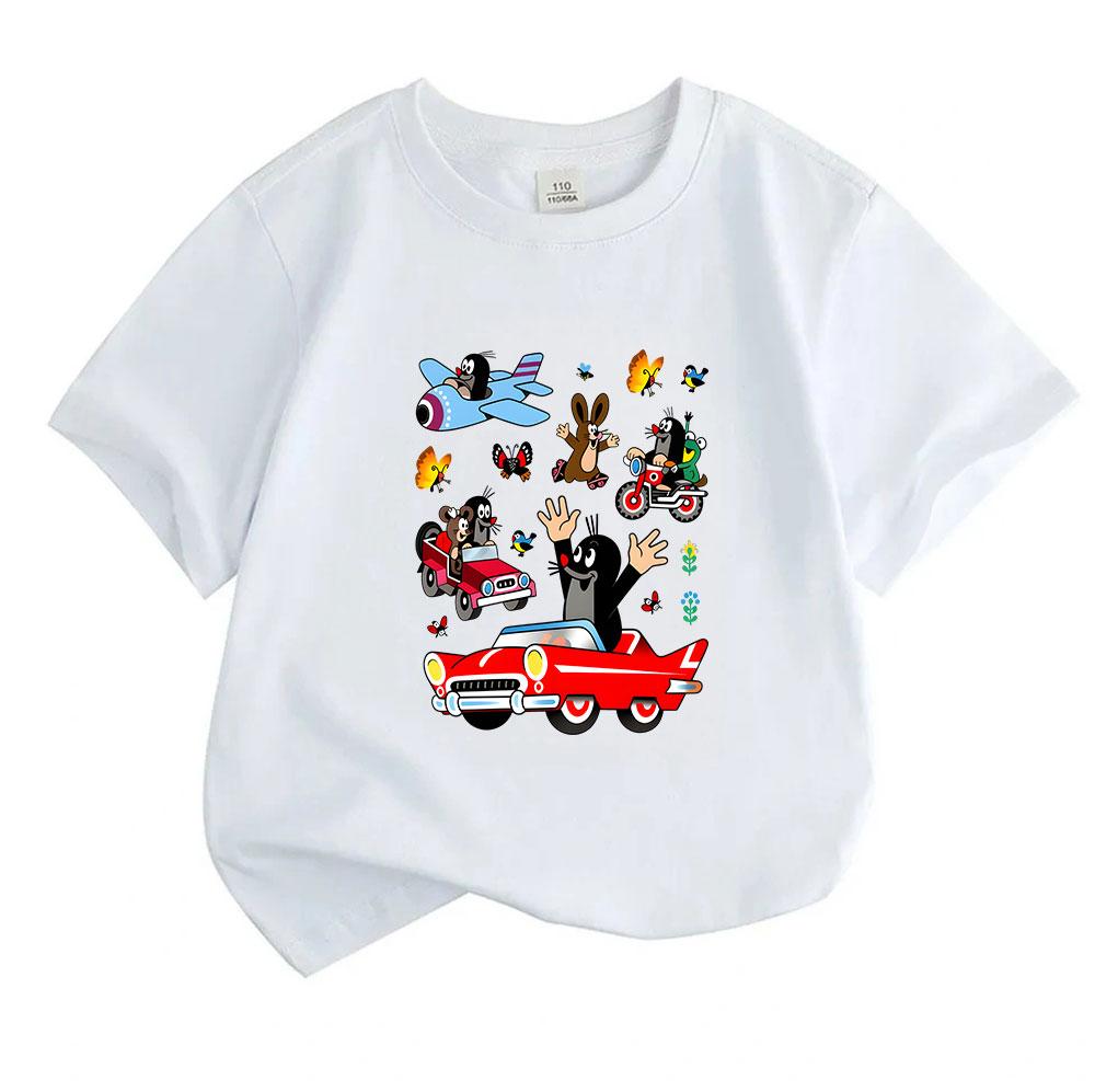 Cute Mole Friends Cartoon Print Kids T Shirt, Boys Girls 100% Cotton Short Sleeve Crew Neck Tees, Fun Animal Driving Vehicle Pattern Casual Summer Top