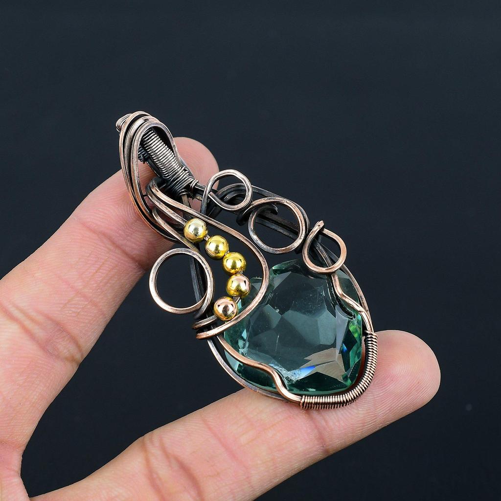 Aquamarine Gemstone Handmade Pure Copper Wire Wrap Jewelry Pendant For Thanksgiving