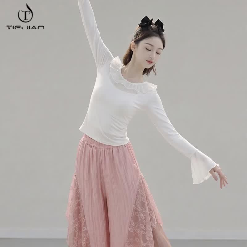 TIEJIAN Women s Flared Sleeve Ballet Practice Top L