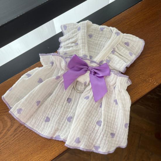 Pet Dress Love Heart Print Sleeveless Ruffle Bowknot Decor Breathable Spring Summer