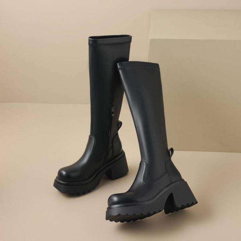 Autumn and winter women's thick-soled Martin boots solid color high-heeled large-size leather boots square-heeled rubber sole non-slip new high boots