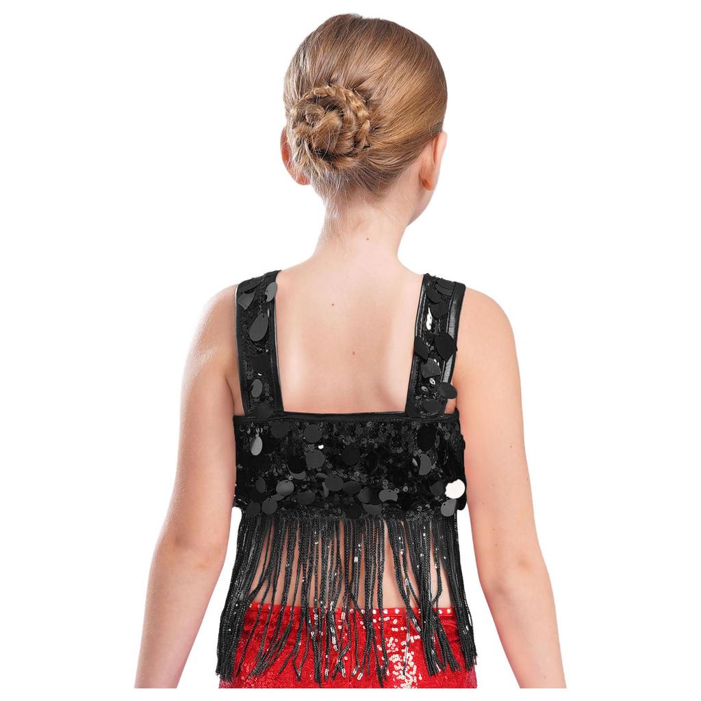 Dívčí taneční crop top se širokými ramínky a třásněmi z lesklých flitrů pro jazzové párty vystoupení