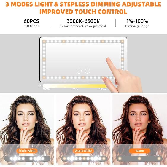 Car Sun Visor Vanity Mirror, with 3 Light Modes & 60 LEDs - Rechargeable Dimmable Clip-on Rear View Sun-Shading Cosmetic Makeup Mirror, Universal for