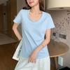 Damen U-Ausschnitt Baumwolle Kurzarm T-Shirt, Einfarbige, Lockere Passform, Schlankmachend, Koreanischer Stil, Frühjahrs-/Sommerkollektion (K3017)