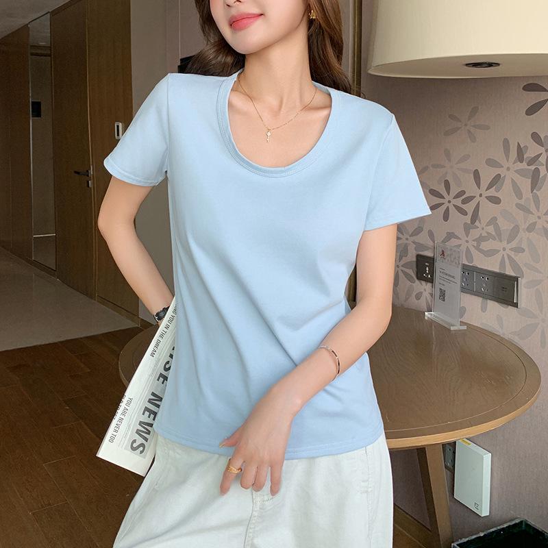 Damen U-Ausschnitt Baumwolle Kurzarm T-Shirt, Einfarbige, Lockere Passform, Schlankmachend, Koreanischer Stil, Frühjahrs-/Sommerkollektion (K3017)