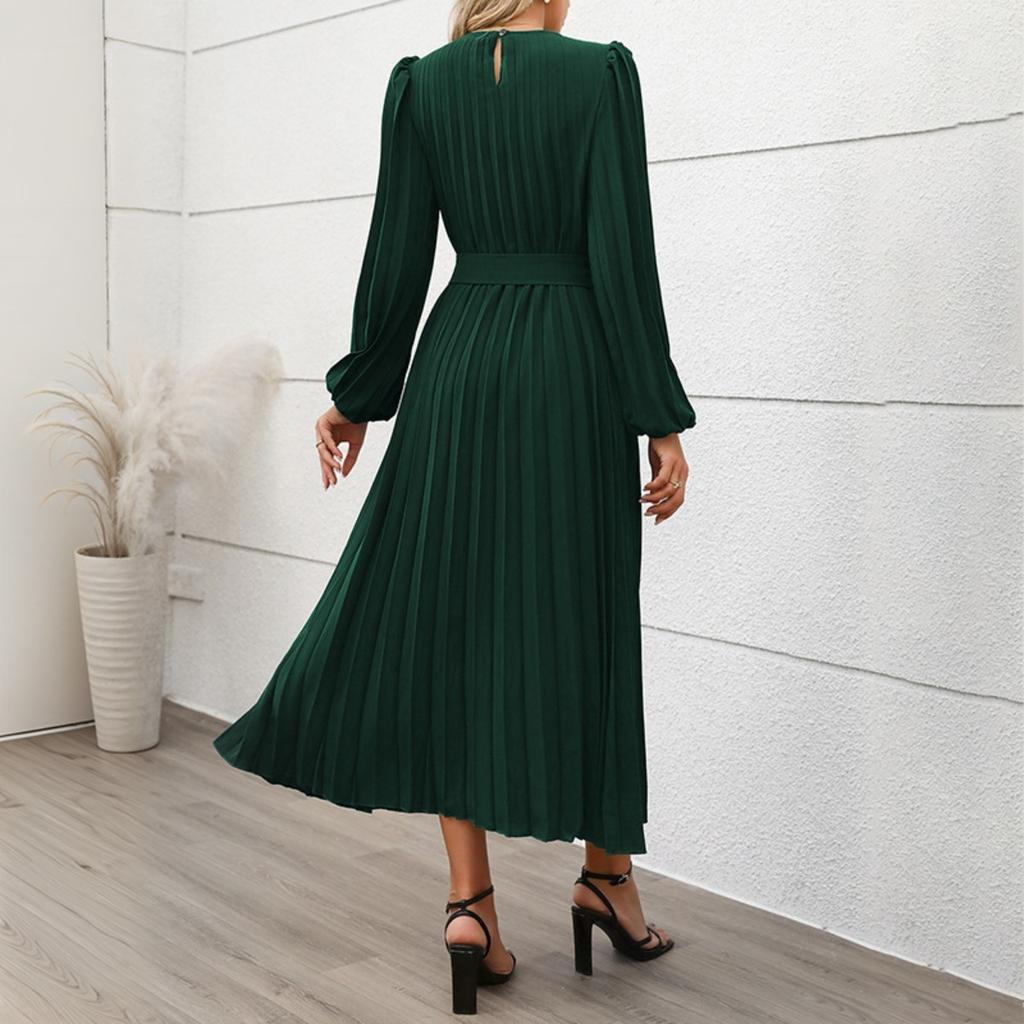 New Autumn Elegant Vintage Solid Color Pleated Long Sleeve Work Dress