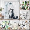 Cat Shower Curtain Cartoon Animal Potted Plant Greenery Black Cat Abstract Nordic Bathroom Decor Minimalist Bathtub Curtain