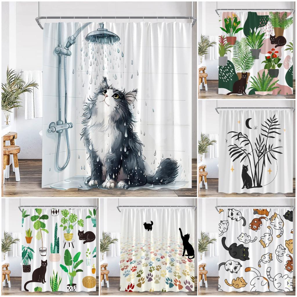 Cat Shower Curtain Cartoon Animal Potted Plant Greenery Black Cat Abstract Nordic Bathroom Decor Minimalist Bathtub Curtain