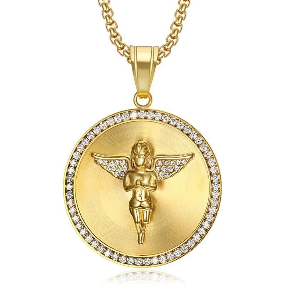 

Hip Hop Iced Out Bling Angel Pendant Necklace for Men Gold Color Stainless Steel Rhinestone Round Necklace Jewelry Dropshipping 60cm