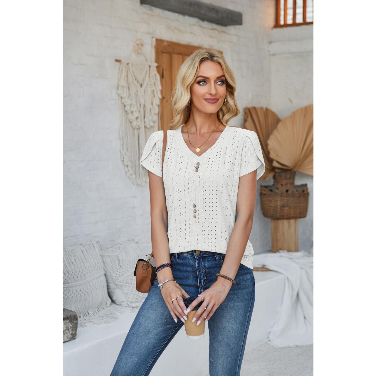 Женская весенне-летняя футболка GMXIA с V-образным вырезом, пуговицами, рукавами-лепестками и однотонной расцветкой S белый